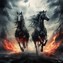 two horses running on fire