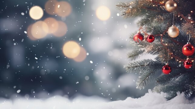  a christmas tree with red and gold baubles hanging from it's branches in front of a snowy background.  generative ai