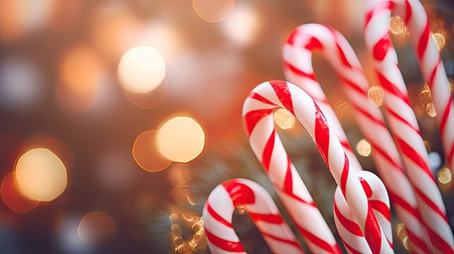  a group of candy canes sitting on top of a table next to a christmas tree with lights in the background.  generative ai