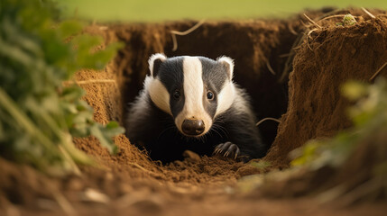 A badger poking its head out of its burrow