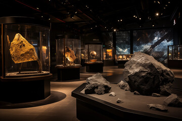a meteorite-themed museum exhibition, showcasing a diverse range of meteorites and their stories.
