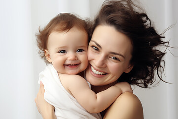 Le portrait d'une femme jeune et jolie tenant son enfant dans les bras, maman aimante remplie de bonheur