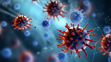 The immunotherapy medical approach, featuring floating viruses in a microscopic view. The image illustrates the concept of using the bodys immune system to fight diseases, particularly cancer. - obrazy, fototapety, plakaty