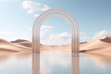 Product display on surreal desert background. Podium showcase on sand dunes, water, arch. Empty space