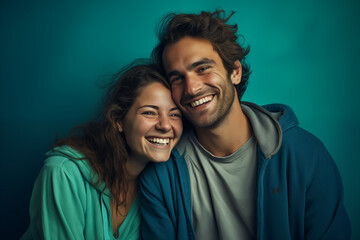Le portrait d'un jeune couple rempli de bonheur sur un fond coloré uni