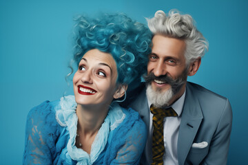 Le portrait d'un couple rempli de bonheur sur un fond coloré uni