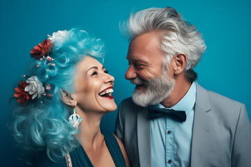 Le portrait d'un couple rempli de bonheur sur un fond coloré uni