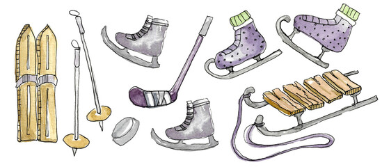 Winter outdoor activities. A play set consisting of figure and hockey skates, sticks and pucks, sleds with rope and skis with sticks. Watercolor illustration in pastel colors on a white background