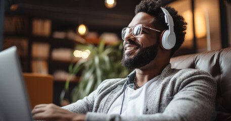 Happy African American man in glasses listening to favorite audio music, Enjoying pause break time...