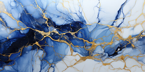 Blue marble background with gold fine threads. Seamless marble or granite wall with gold wave splashes