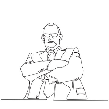 Grumpy boss. World boss' day. Old angry manager. Frustrated man. Angry middle aged man . Line art of typical mean boss. Business setting. Grumpy teacher. Serious lppking people vector art. hands cross