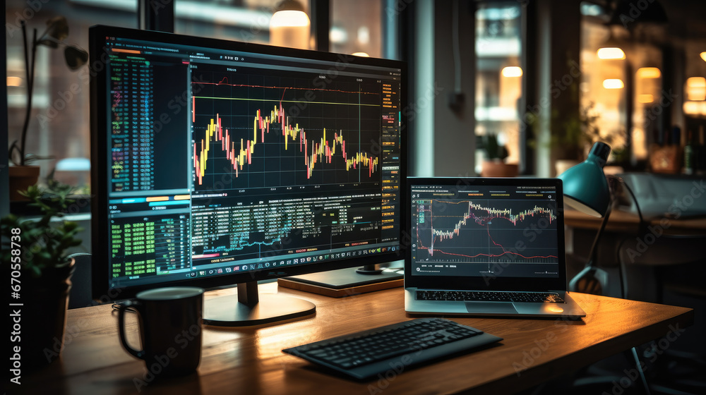 Poster Modern office desk with computer monitor and chart data analysis generated by artificial intelligence, trading stocks online.