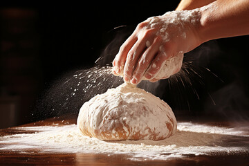 Man's hands knead the dough for baking bread. The chef