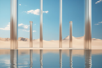 Product display on surreal desert background. Podium showcase on sand dunes, water and columns. Empty space