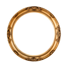 antique and vintage-inspired round gold picture frame, with an oval circle design.isolated on transparent background and a white background