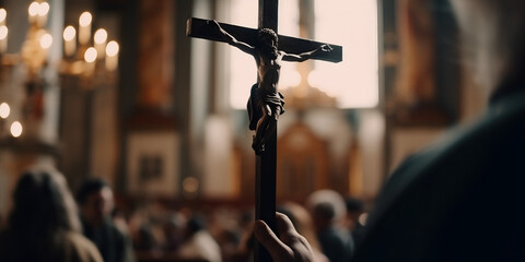Hand holding a cross in church during prayers, Mass in the Catholic Church,  - obrazy, fototapety, plakaty