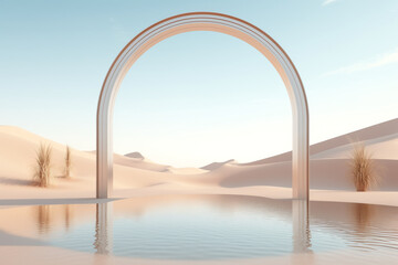 Fototapeta premium Product display on surreal desert background. Podium showcase on sand dunes, water, beige arch. Empty space