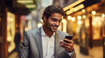Smiling businessman using smartphone on city street.