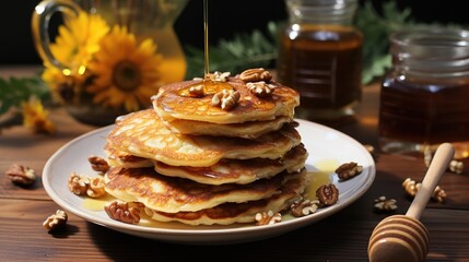 Vegetarian breakfast of fritters with nuts and tea, honey.