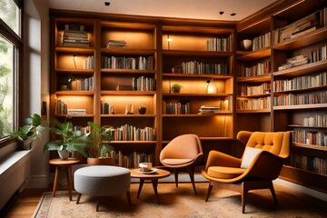 a cozy, Mid-Century Modern reading nook with teak bookcases, a retro armchair, and warm lighting. - obrazy, fototapety, plakaty