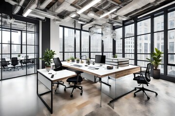 a modern, urban office space with industrial accents, a glass desk, and floor-to-ceiling windows.