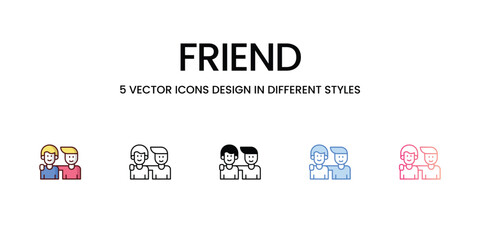 Friend Icons Design in Five style with Editable Stroke. Line, Solid, Flat Line, Duo Tone Color, and Color Gradient Line. Suitable for Web Page, Mobile App, UI, UX and GUI design
