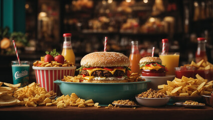 assorted junk food. Unhealthy products. Assortment of fast carbohydrates food.