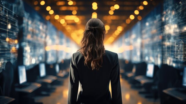 Big Data Center Female Chief Technology Officer Using Laptop Working In Warehouse, Information Technology.