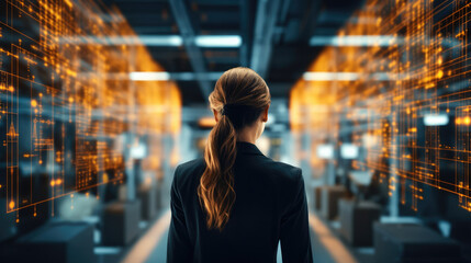 Big Data Center Female Chief Technology Officer Using Laptop Working In Warehouse, Information Technology.