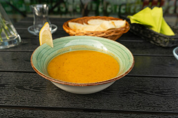 Red Lentil Soup, Yellow Cream Puree, Ramadan Food, Pumpkin Vegetarian Dish, Orange Lentil Soup in Bowl