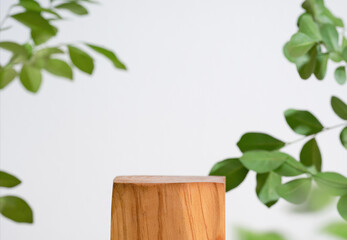 Wooden podium table top blurred green leaf plant on white empty space nature background.Beauty cosmetic natural product modern stage display.