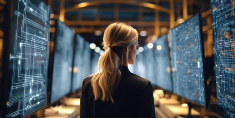 Big Data Center Female Chief Technology Officer Using Laptop Working In Warehouse, Information Technology.