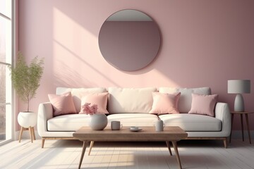 A living room render realistic warm minimalist style pale pink decoration white walls and mirror on the wall.