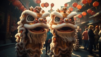 Dragon and Lion Dances in street, Two people in traditional Chinese festival lion costume and the other in a dragon costume colorful lanterns and buildings.