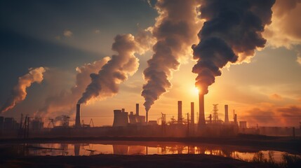 Industrial power plant with thick CO2 smoke from chimney. Pollution and carbon dioxide emissions footprint from fossil fuel burning. Global warming cause and urban environment problem from factories. - obrazy, fototapety, plakaty