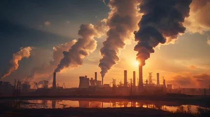 Fotobehang Industrial power plant with thick CO2 smoke from chimney. Pollution and carbon dioxide emissions footprint from fossil fuel burning. Global warming cause and urban environment problem from factories. © TensorSpark