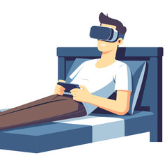 man in VR glasses on a bed vector illustration Man enjoying virtual reality vector image , flat style stock vector