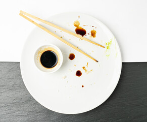 Dirty Sushi Plate on Black Table, Empty Bowl after Sushi Dinner, Finished Asian Lunch, Salad and...