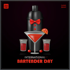 Bartender day. Creative concept Cocktail with bar shaker wearing bow tie. 3d vector, suitable for business events and advertising