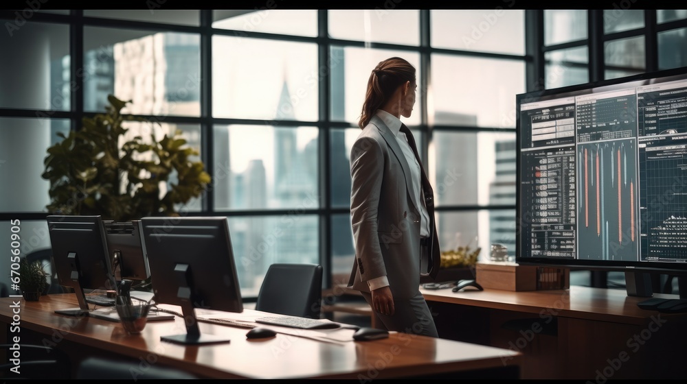 Poster businesswoman working in modern office with financial charts and graphs on computer monitor.