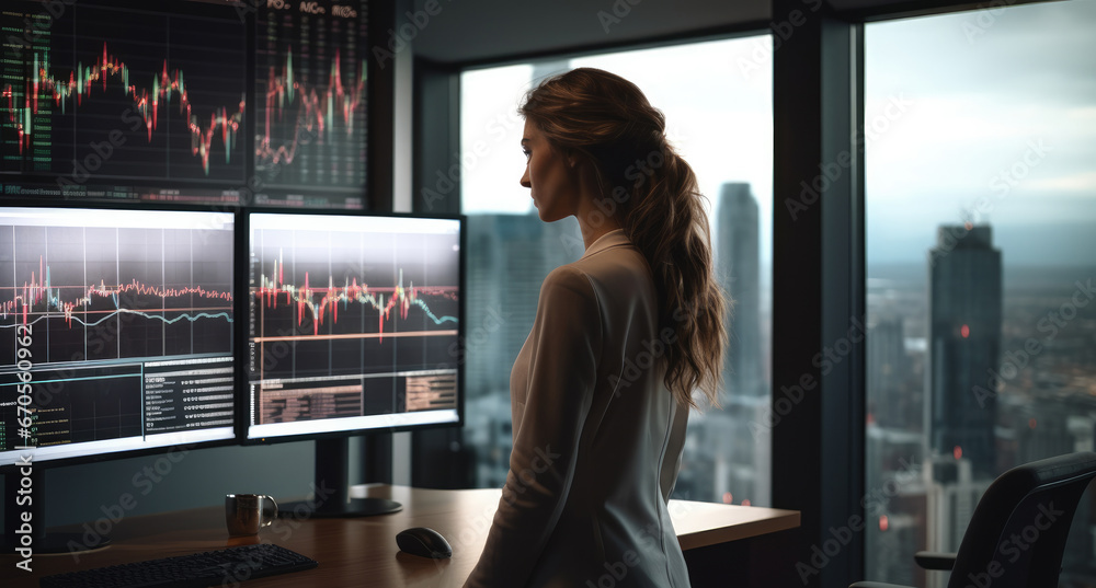 Poster businesswoman working in modern office with financial charts and graphs on computer monitor.