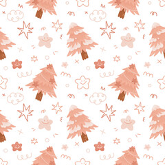 Cute pink christmas seamless pattern xmas tree doodle star flower gifts and New Year's decor. Winter cozy print for kids.