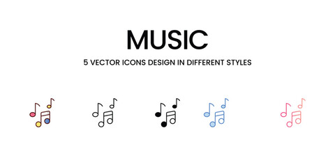 Music Icons Design in Five style with Editable Stroke. Line, Solid, Flat Line, Duo Tone Color, and Color Gradient Line. Suitable for Web Page, Mobile App, UI, UX and GUI design