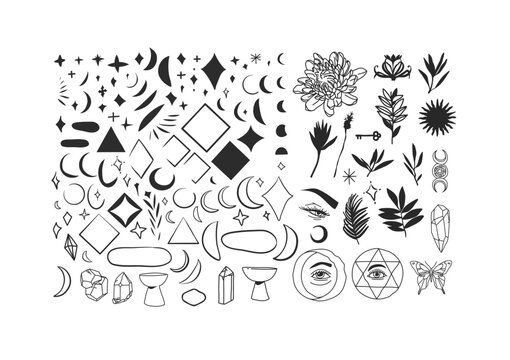 Set of vector graphic line art butterfly,moon,stars,line flower silhouettes and esoteric symbols.Alchemy mystical magic elements for prints,posters,illustrations.Black spiritual occultism objects.