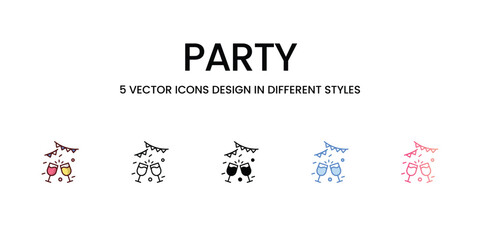 Party Icons Design in Five style with Editable Stroke. Line, Solid, Flat Line, Duo Tone Color, and Color Gradient Line. Suitable for Web Page, Mobile App, UI, UX and GUI design