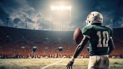 Naklejka premium Quarterback throwing a football in a professional football game in sports stadium.