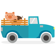 Farming and agriculture concept with cute pig in back of truck car illustration.