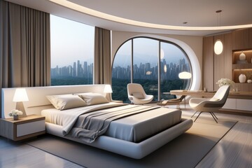 Fototapeta premium Beautiful contemporary bedroom, upscale.
