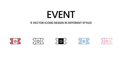 Event Icons Design in Five style with Editable Stroke. Line, Solid, Flat Line, Duo Tone Color, and Color Gradient Line. Suitable for Web Page, Mobile App, UI, UX and GUI design