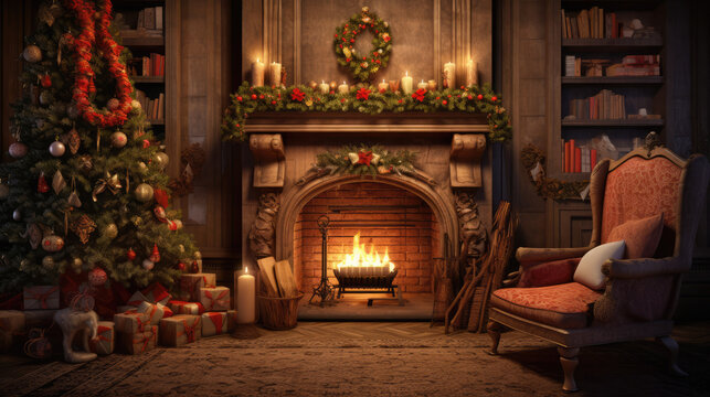 Lovely little fireplace with christmas decor in living room. Straight view of room. Nice warm light and moody tones.